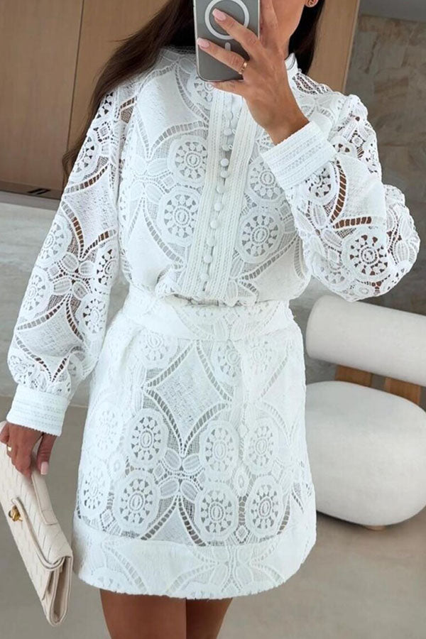 Unique Crochet Lace Long Sleeve Button Blouse and High Rise Skirt Set