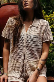 Fashionable Hollow Short-sleeved Casual Top and Elastic Waist Drawstring Shorts Set