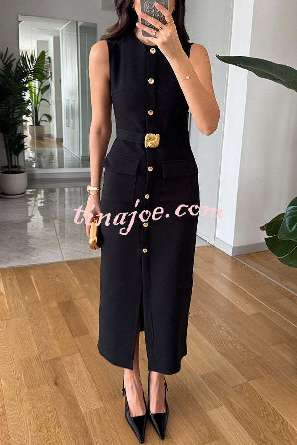 Danina Button Up Sleeveless Metal Belted Pocket Stretch Midi Dress