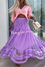 Elegant Tulle Stretch Waist Paneled Pleated Maxi Skirt