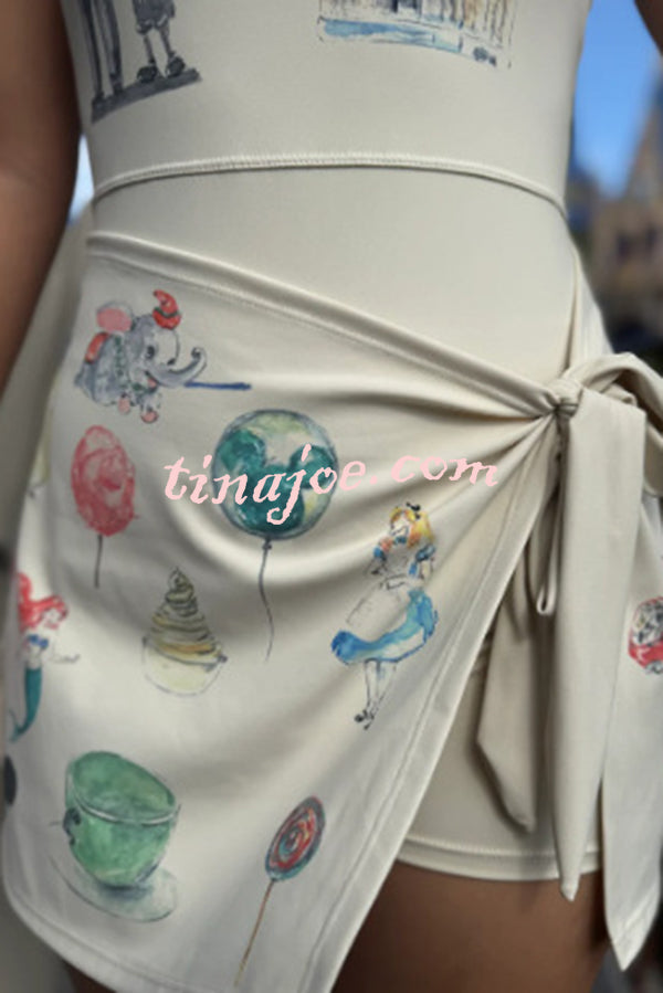 Childish Cartoon Print Sleeveless Fitted Lace-Up Mini Dress