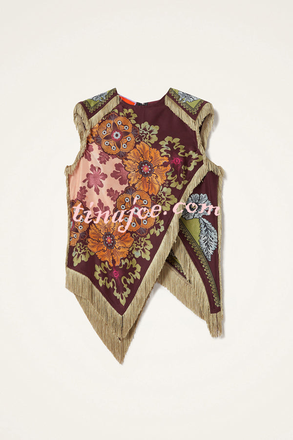 Stunning Floral Print Asymmetric Tassel Trim Scarf Top