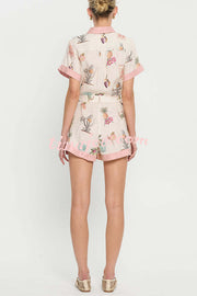 Plant Print Lapel Short Sleeves Loose Pocket Waist Tie Casual Rompers