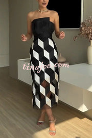 Sexy Tube Top and Backless Rhombus Contrast Midi Dress