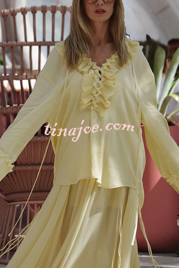 Solid Color Pleated Ruffled Tie Long Sleeve Loose Shirt