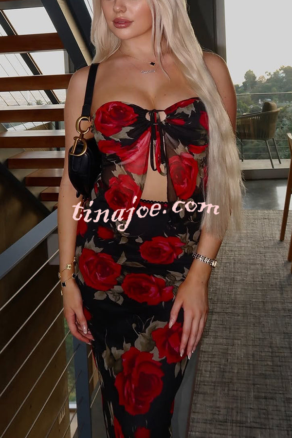 Floral Print Sexy Bandeau Lace-up Top and Slim Mesh Stretch Maxi Skirt Set