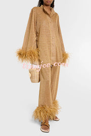 Glitter Fabric Feather Trim Long Sleeve Button Top and Elastic Waist Loose Straight Pants Set