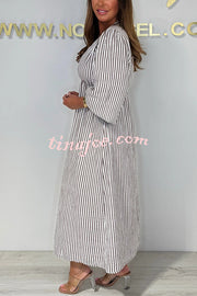 Striped Print V-Neck Long Sleeve Casual Loose Maxi Dress