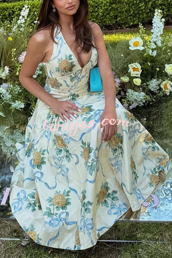 Resort Star Floral Print Waist Halterneck Tie Pocket Midi Dress