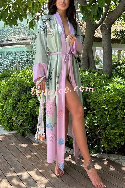 Karty Satin Unique Print Long Sleeve Belt Lapel Kimono Cover-ups