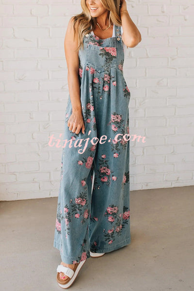Fashion Floral Print Casual Button Pocket Loose Denim Overalls