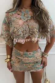 Fashionable Embroidered Flower Sequined Crop Top and Hip-hugging Mini Skirt Set