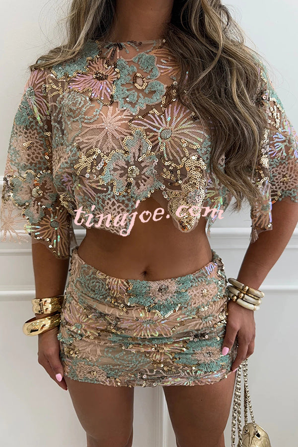 Fashionable Embroidered Flower Sequined Crop Top and Hip-hugging Mini Skirt Set