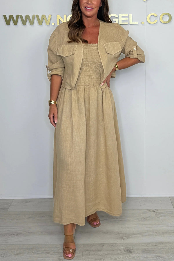 Solid Color Casual Short Jacket and Suspender Pleated Maxi Dress Set