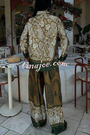 Naya Satin Contrast Color Paisley Long Sleeve Shirt and Elastic Waist Pocketed Pants Set