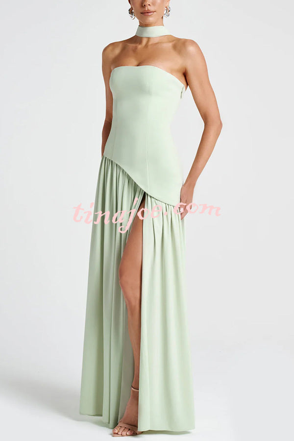 Elegant Off Shopulder Chiffon Pleated Hem Scarf Slit Maxi Dress