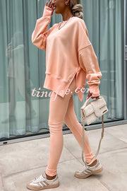 Solid Color Loose Long Sleeve SlitSweatshirt and Elastic Waist Tight Pants Set