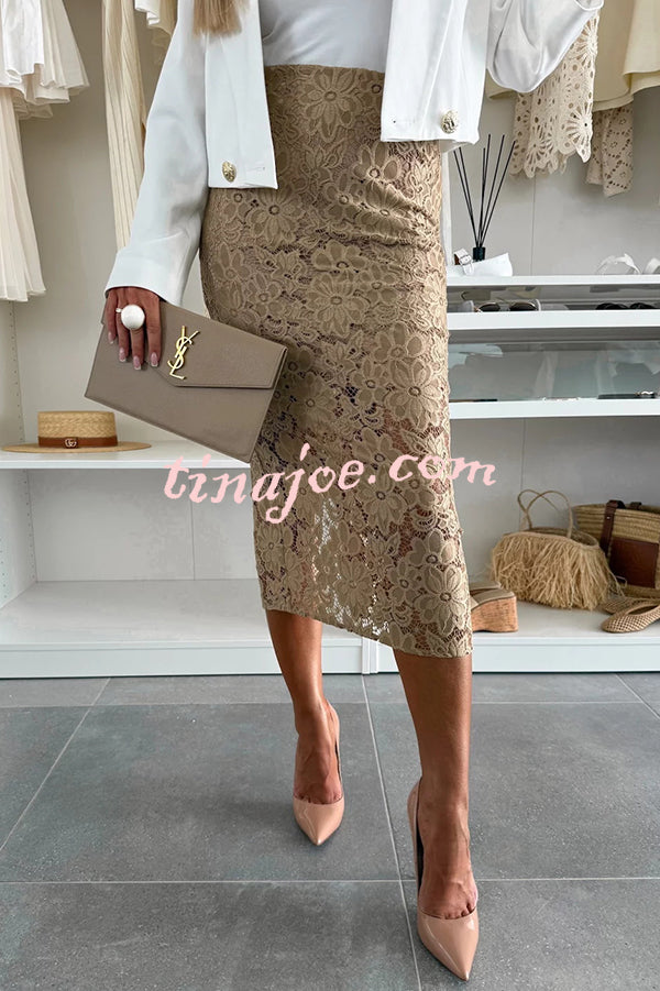 Lesia Floral Lace High Rise Slit Stretch Midi Skirt