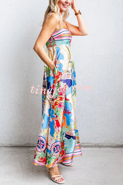 Satin Resort Print Sling Back Pleated Maxi Dress