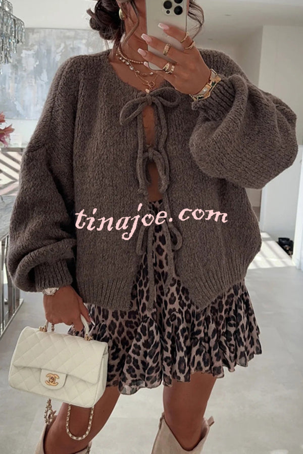 Solid Color Long-sleeved V-neck Lace-up Loose Knitted Sweater