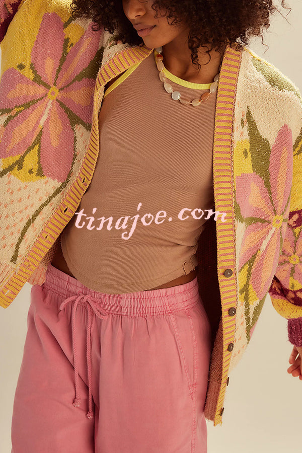 Floral Pattern Loose Long-sleeved Knitted Cardigan
