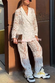 Fashionable Lace Long-sleeved Lapel Loose Top and Casual Hollow Pants Set