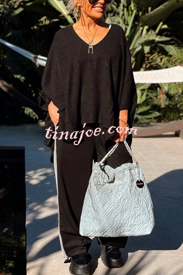 Fashion V-neck Loose Pocket Mid-length Knitted Sweater