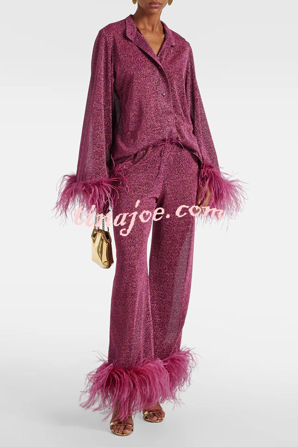 Glitter Fabric Feather Trim Long Sleeve Button Top and Elastic Waist Loose Straight Pants Set