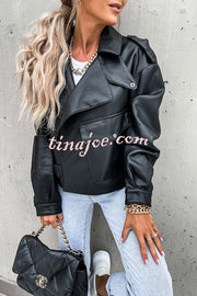 Stylish Leather Lapel Pocket British Style Cropped Jacket