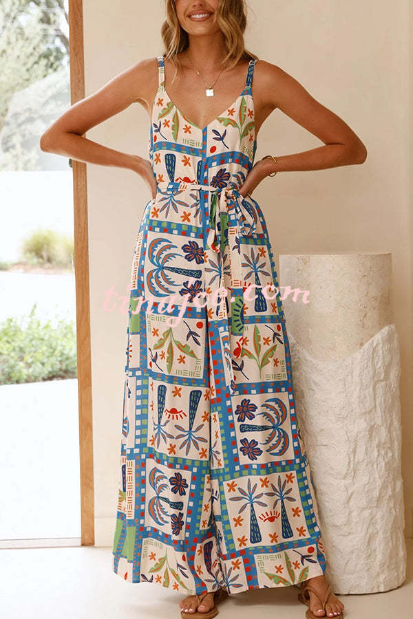 Unique Beach Vacation Print V-neck Suspenders Casual Wide-leg Jumpsuit