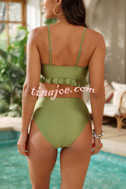 Solid Spaghetti Strap Beaded Two-piece Stretch Bikini Swimsuit