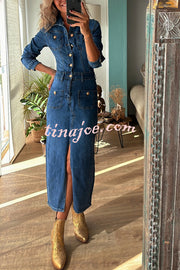 Tessy Denim Metal Button Zipper Shirt Stretch Pencil Slit Midi Dress