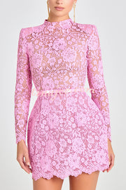 Champagne Toast Flower Lace Long Sleeve Bow Belted Mini Dress