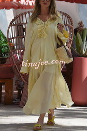 Solid Color Pleated Ruffled Tie Long Sleeve Loose Shirt