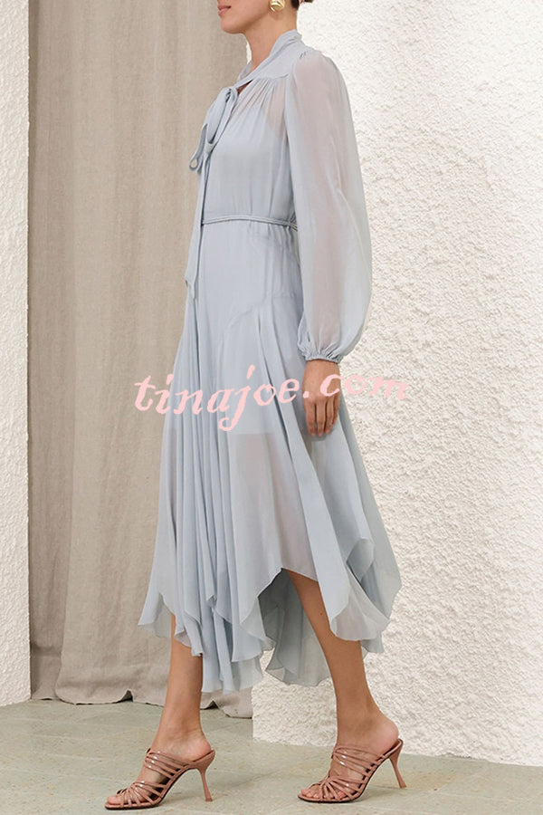 Elegant and Graceful Tie-up Neck Long Balloon Sleeve Handkerchief Midi Dress