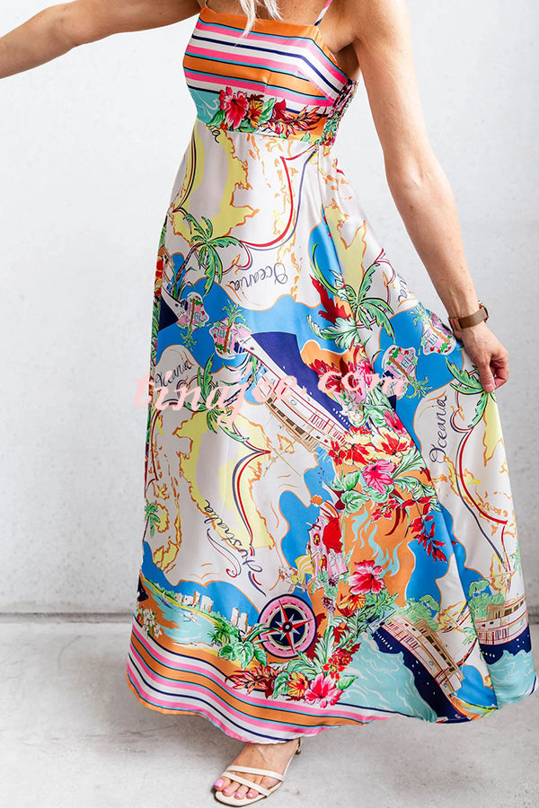 Satin Resort Print Sling Back Pleated Maxi Dress