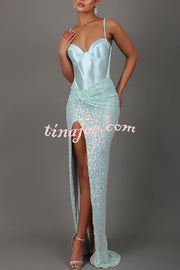 All about Glam Satin Corset Sequin Twist High Leg Split Maxi Dress