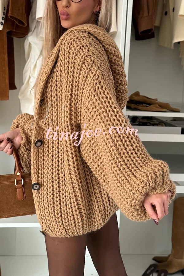 Warm Day Knit Button Up Long Balloon Sleeve Hooded Loose Cardigan