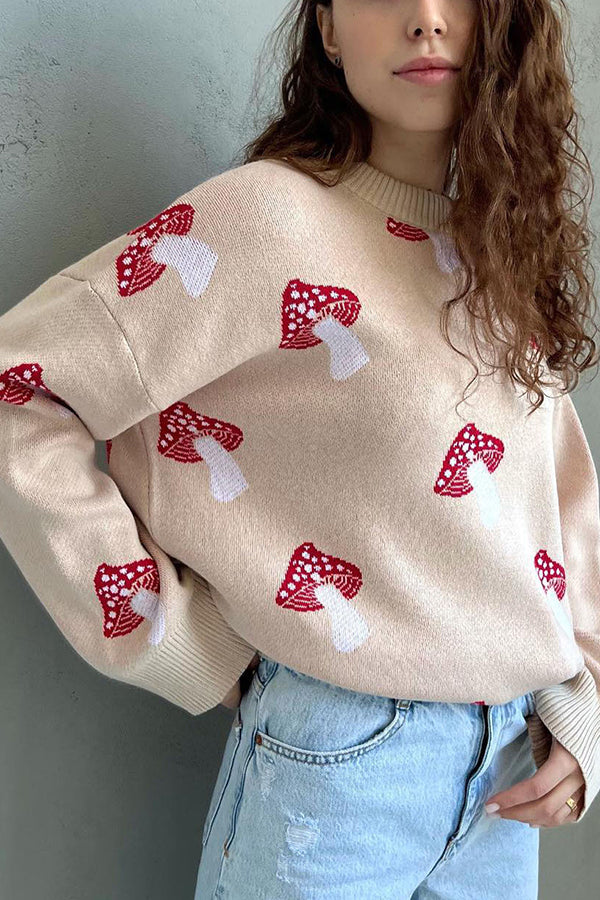 Mushroom Pattern Casual Loose Round Neck Knitted Sweater