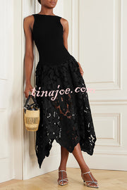 Atlas Asymmetric Ribbed-knit and Guipure Lace Back Zipper Midi Dress