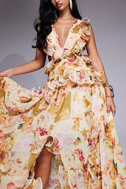 Wedding Season Chiffon Floral Ruched Plunge Open Back Maxi Dress