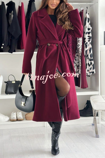 Solid Color Lapel Long Sleeve Waist Tie Long Coat