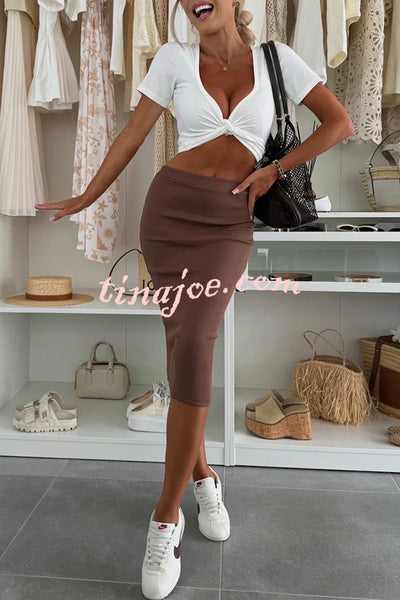 Perfect Basics Ribbed Knit Elastic Waistband Stretch Midi Skirt