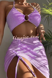 Commuting Style Suspender Pleated Hoop Three Pieces Swimsuit Set