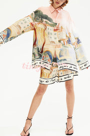Unique Print Lapel Long Sleeve Loose Shirt and Elastic Waist Casual Pocket Shorts Set