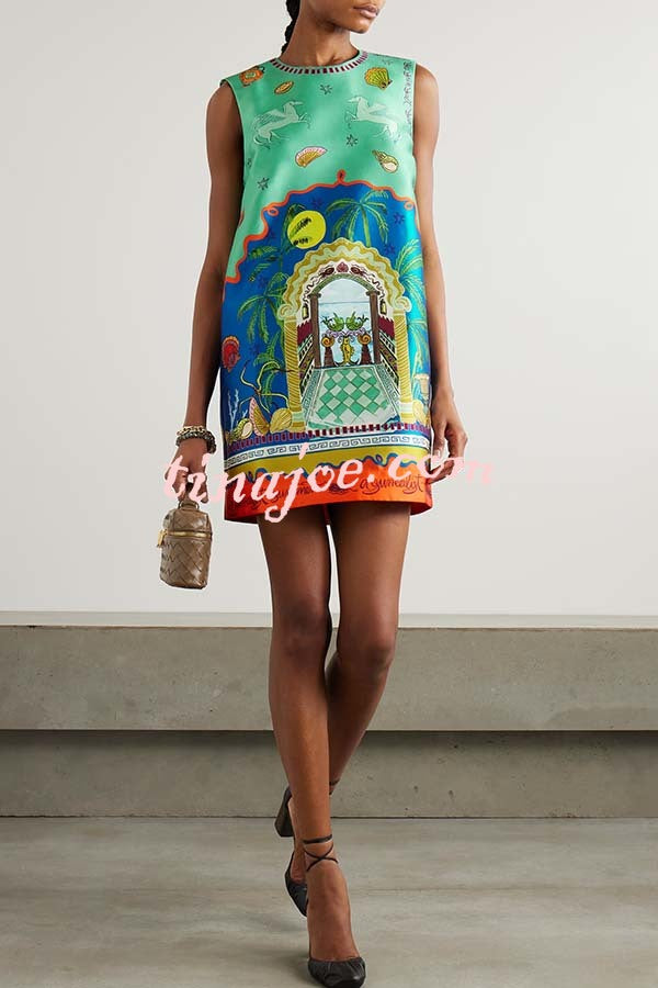 Natural Beauty Satin Unique Print Sleeveless H-line Mini Dress
