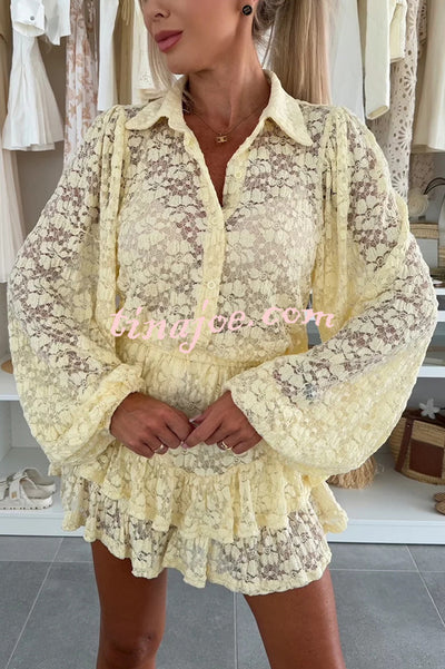 Nicola Lace Long Balloon Sleeve Blouse and Elastic Waist Layered Skort Set