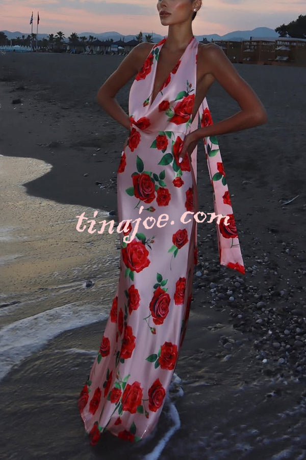 Rose Print Sexy Halter Neck Strappy Backless Slim Fit Maxi Dress