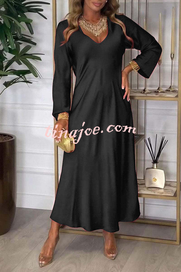 Solid Color V-neck Long-sleeved Loose Draped Maxi Dress