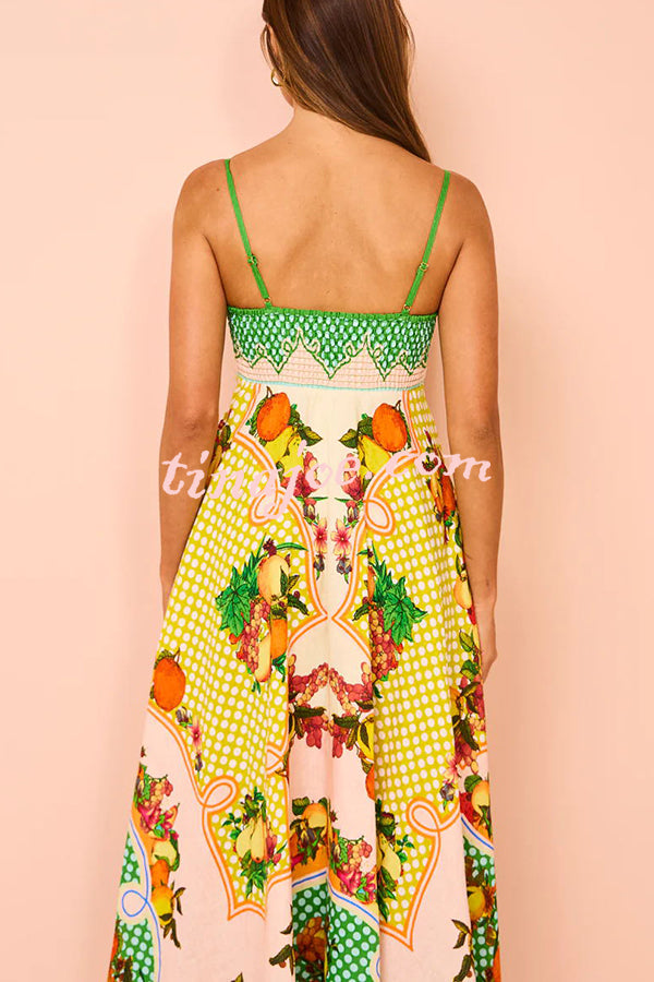 Enjoy Summer Lemon Linen Blend Unique Print Smocked Back Pocket Maxi Dress